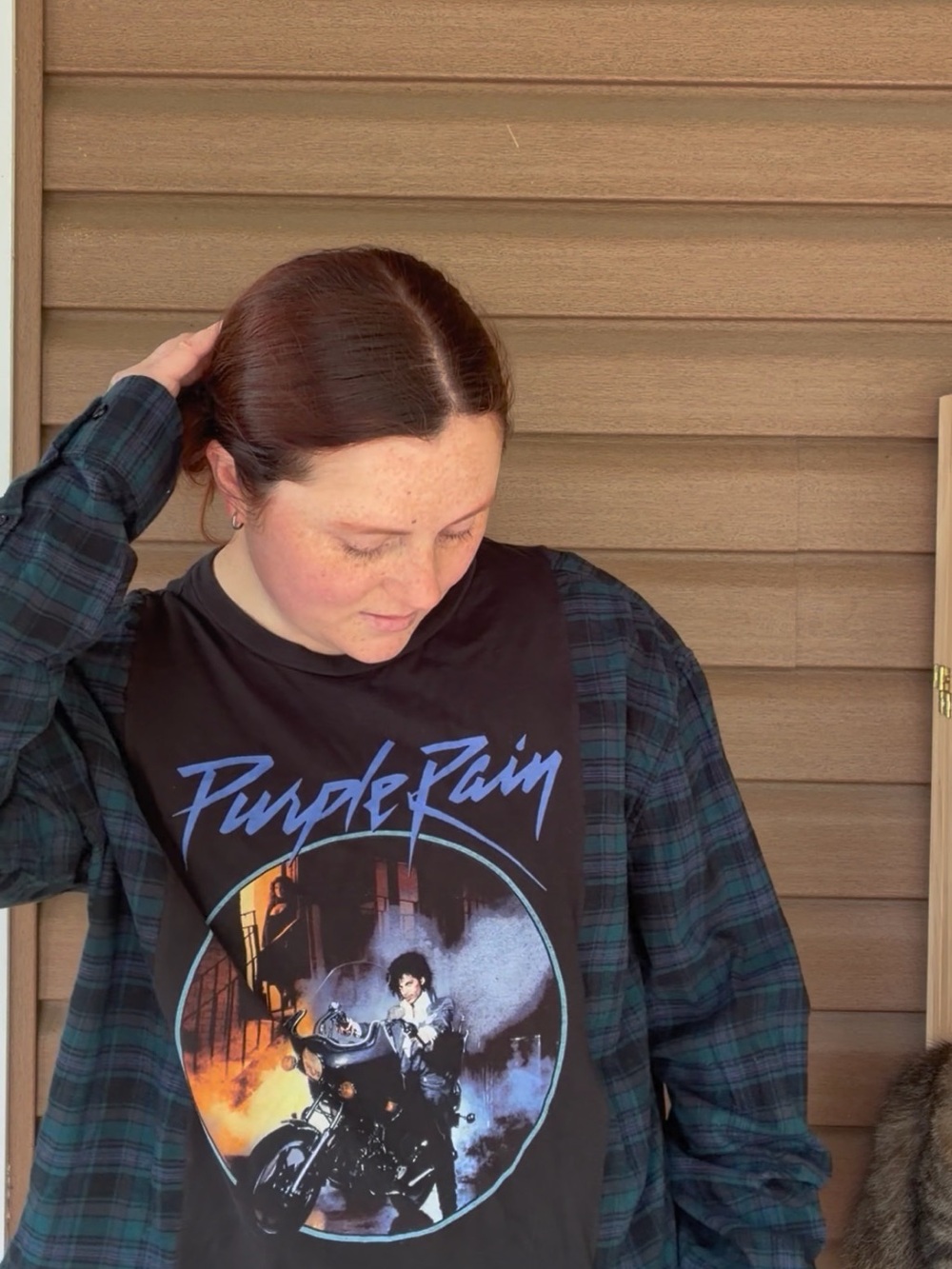 Purple Rain Graphic Tee with Blue Script and Multi-Color Print